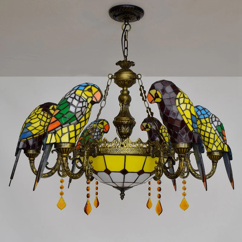 Tiffany Kattokruunu "Papukaijat" ø77cm - 6 Papukaijaa - lamput sisältyvät