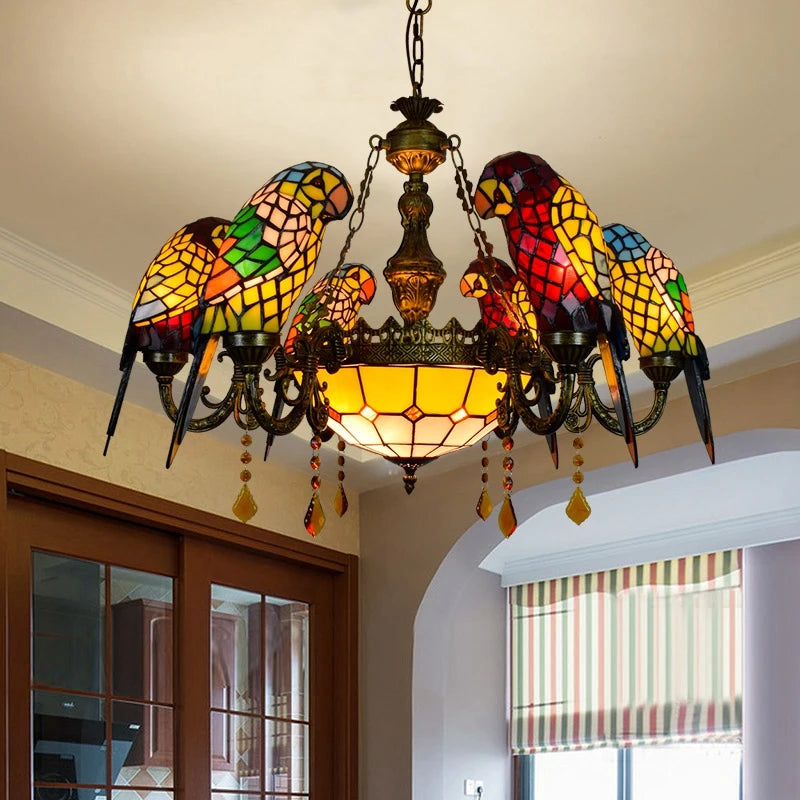 Tiffany Kattokruunu "Papukaijat" ø77cm - 6 Papukaijaa - lamput sisältyvät