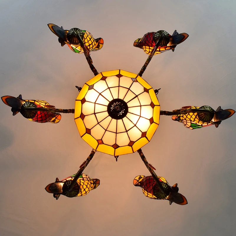 Tiffany Kattokruunu "Papukaijat" ø77cm - 6 Papukaijaa - lamput sisältyvät