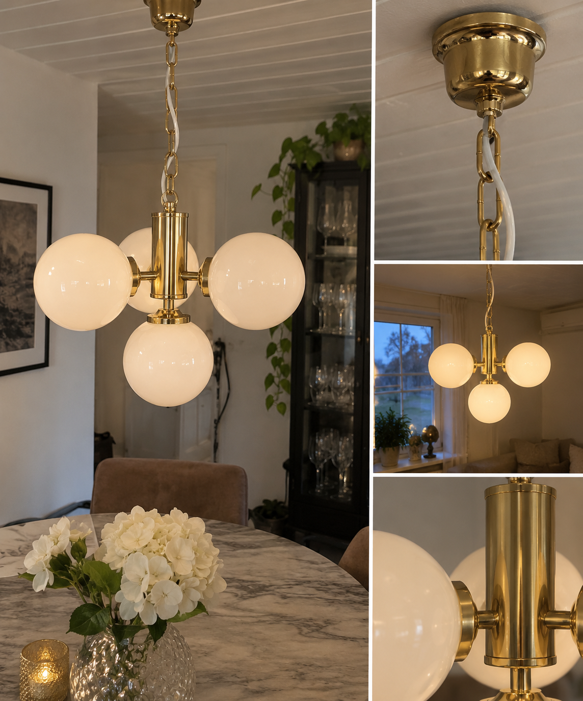 Aito Italialainen Vintage Messinkivalaisin – 4 Opaalilasipalloa