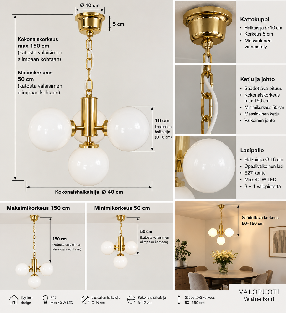 Aito Italialainen Vintage Messinkivalaisin – 4 Opaalilasipalloa