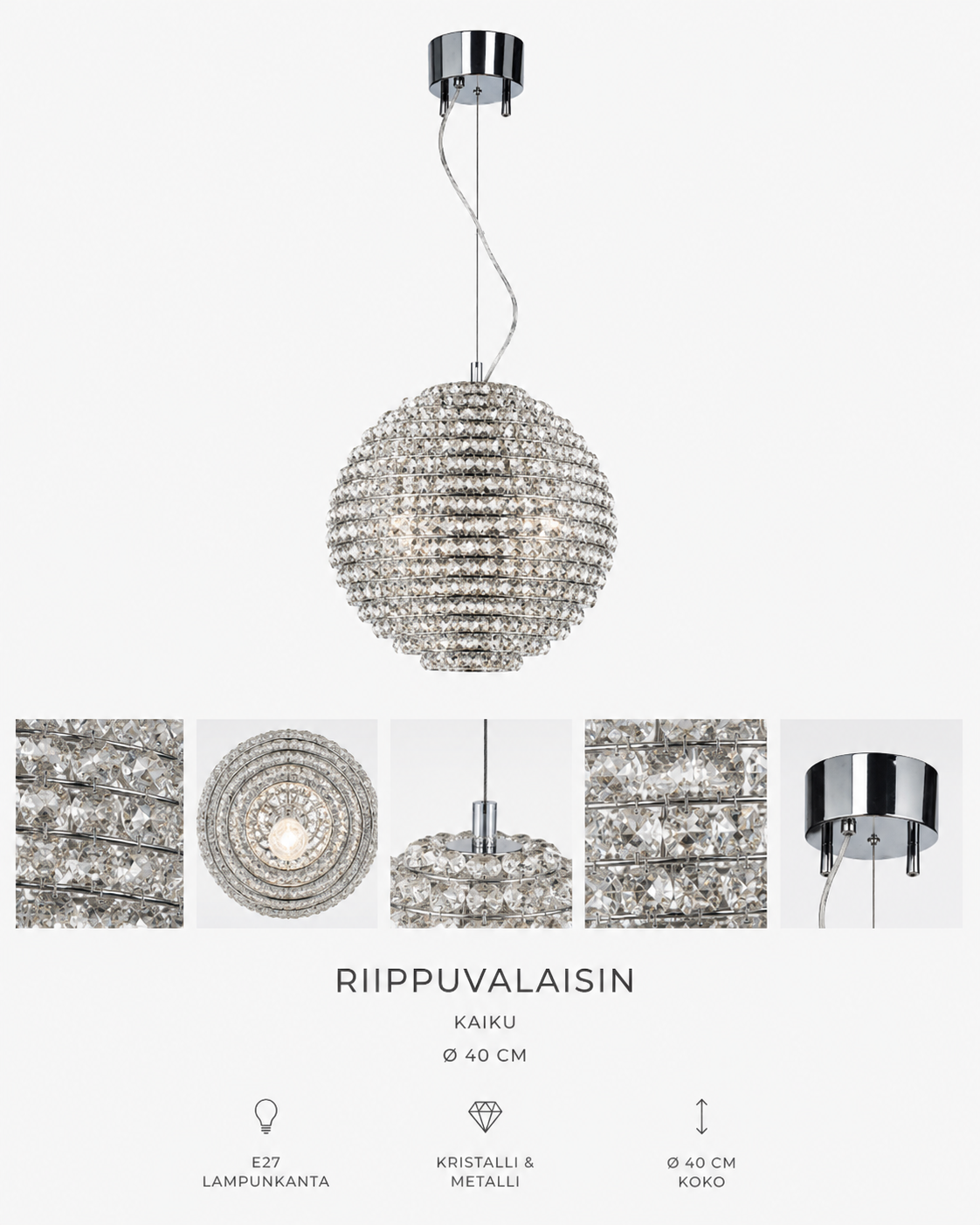 Kattovalaisin kristalli Ø40 cm kirkas E27 – Kaiku riippuvalaisin