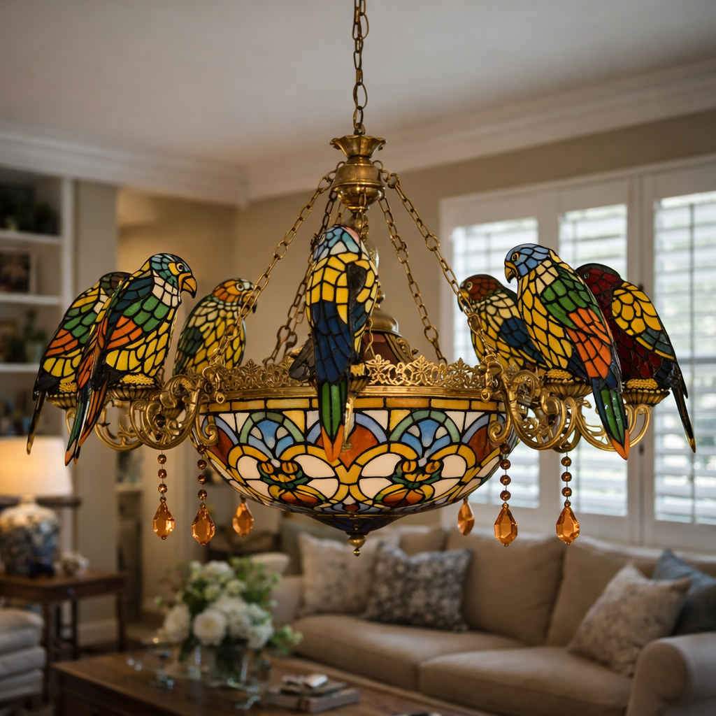 Tiffany Kattokruunu "Papukaijat" ø90cm - 8 Papukaijaa